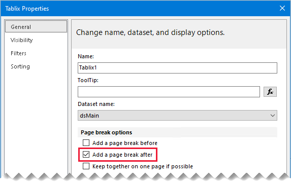 Image shows a tablix Properties window. The 