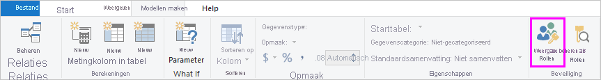 Schermopname van het tabblad Modellering, waarin rollen beheren zijn gemarkeerd.