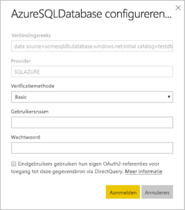 Schermopname van het dialoogvenster voor het configureren van de Azure SQL Database.