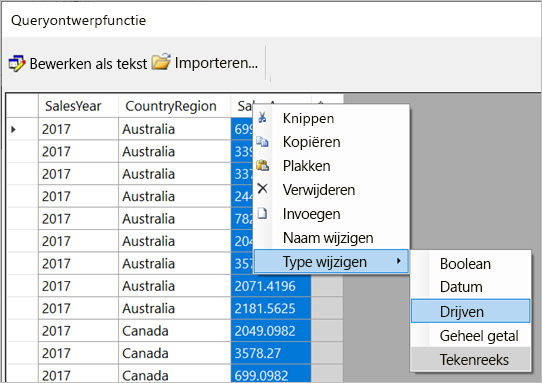 Schermopname van de opties voor het wijzigen van het gegevenstype.