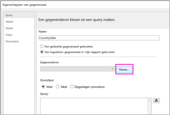 Schermopname van de knop Nieuwe ingesloten gegevensbron.