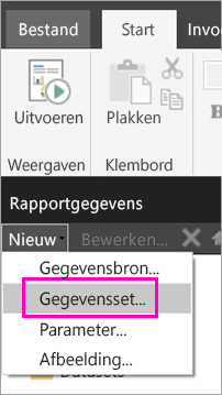 Schermopname van de optie Gegevensset in het deelvenster Rapportgegevens.