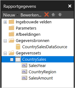 Schermopname van de gegevenssets in het deelvenster Rapportgegevens.