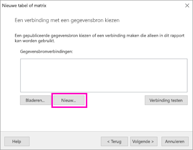 Schermopname die laat zien waar u Nieuw voor een gegevensbronverbinding selecteert.