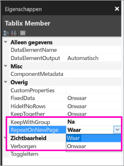 Schermopname die laat zien waar de eigenschappen voor Tablix Member te vinden zijn.