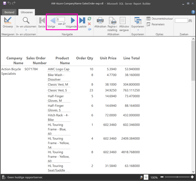 Schermopname van een rapport, waarin wordt weergegeven waar u de paginanummers en paginanavigatiepijlen kunt vinden.