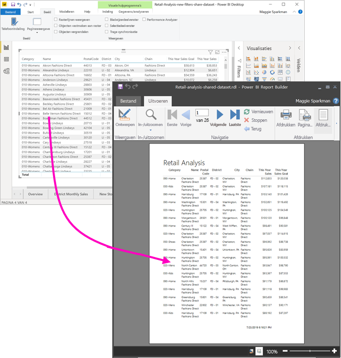 Schermopname van een gepagineerd rapport van Report Builder dat is afgedrukt vanuit Power BI Desktop.