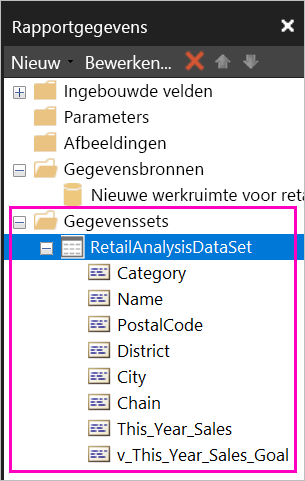 Schermopname van de velden die worden vermeld onder de gegevensset in het deelvenster Rapportgegevens.