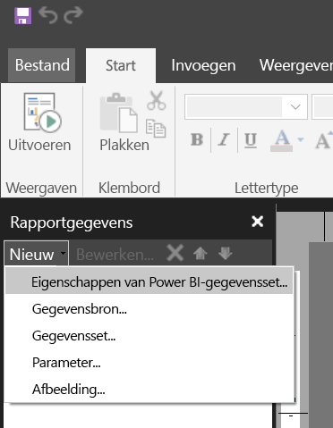 Schermopname van nieuwe gegevensset in het deelvenster Rapportgegevens.