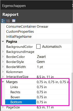 Schermopname van de eigenschappen van de paginamarge.