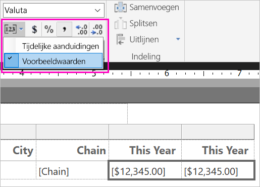 Schermopname van voorbeeldwaarden voor opmaak.