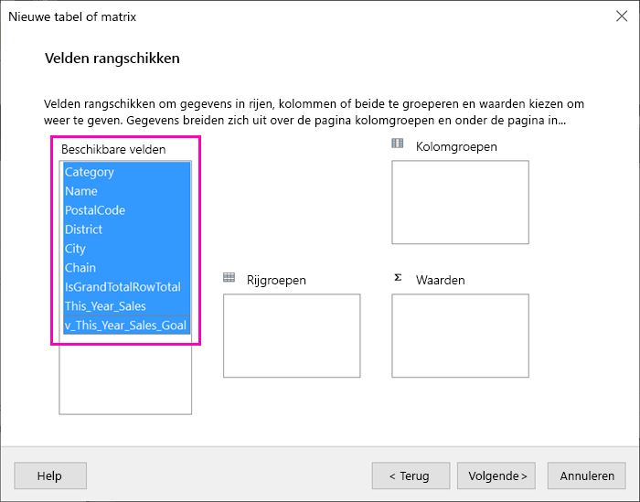 Schermopname van de beschikbare velden die beschikbaar zijn in de wizard Tabel.