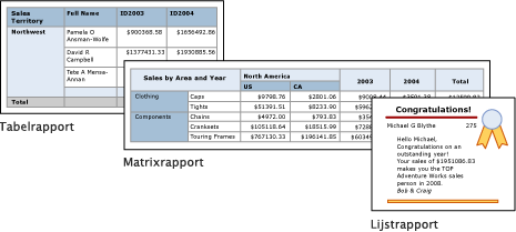 Schermopname van Report Builder-tabel-, matrix- en lijstrapporten.