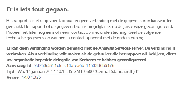 Schermopname van Power BI-rapporten met een foutbericht met betrekking tot problemen met het maken van verbinding met de Analysis Services-server.