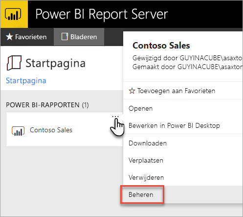 Select Manage from the Power BI report context menu