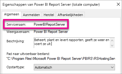 Eigenschappen van Windows-service voor Report Server