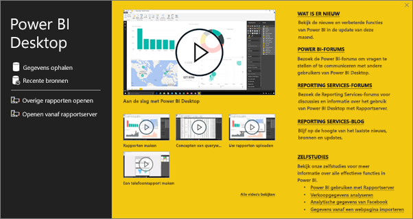 Power BI Desktop start screen