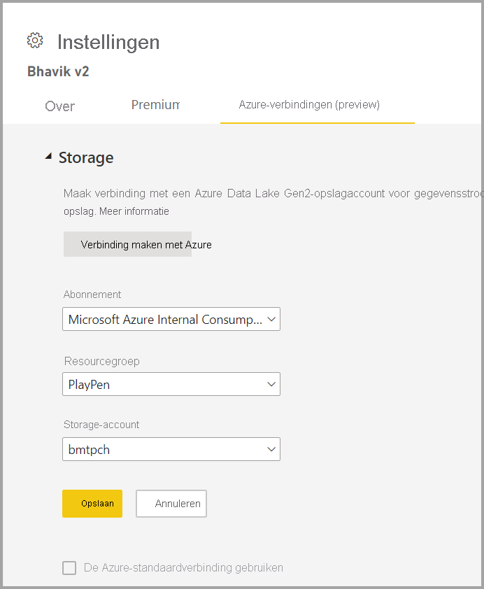 Schermopname van het venster Instellingen nadat u Verbinding maken met Azure hebt gekozen.