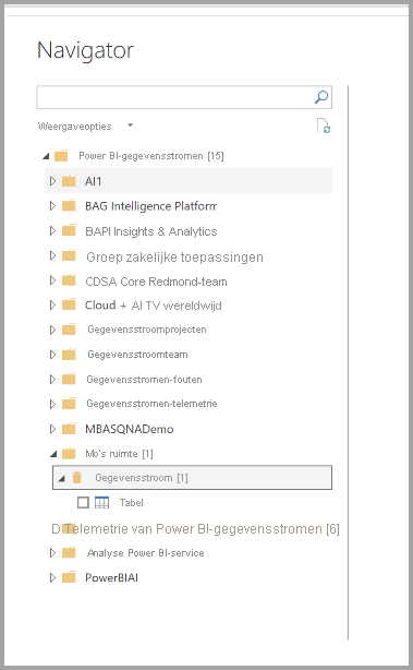 Schermopname van navigator in Power BI Desktop waarin gegevensstromen worden gekozen om verbinding mee te maken.