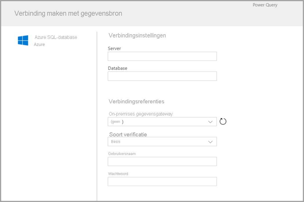 Schermopname van het formulier dat wordt weergegeven nadat u Azure SQL als connector hebt gekozen.