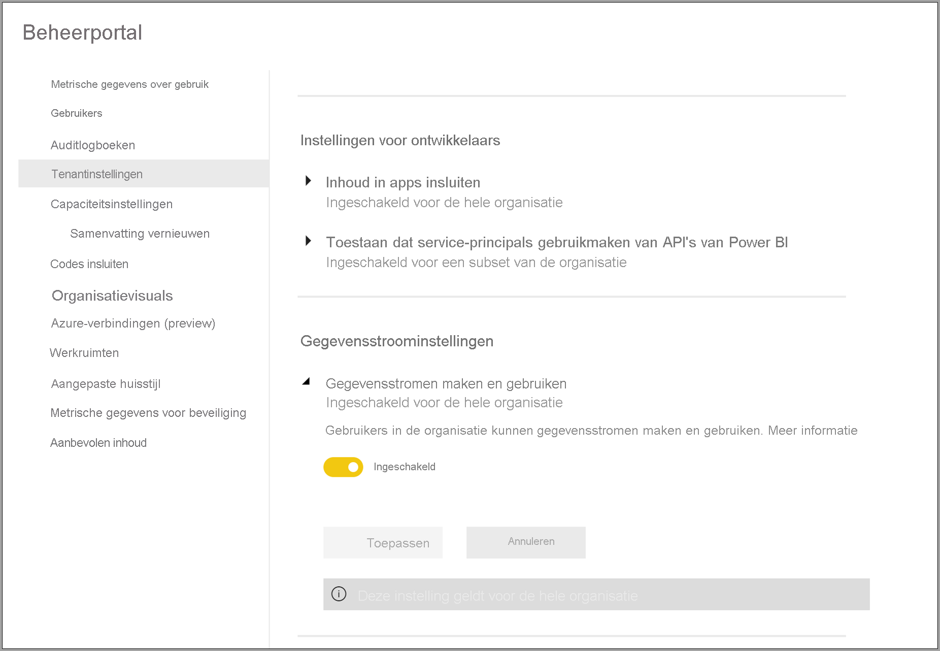 Beheerportal voor gegevensstromen in Power BI Premium