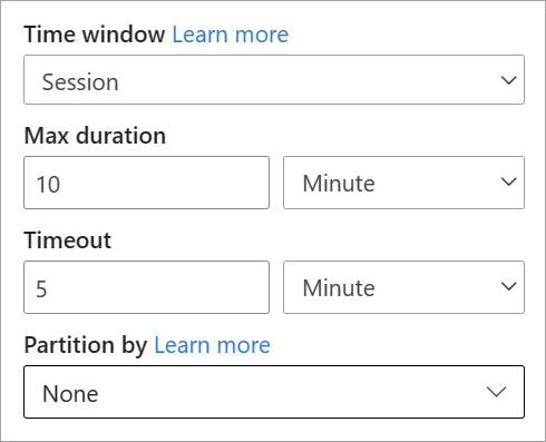 Schermopname van de duur, time-out en partitie-instellingen voor een sessietijdvenster.