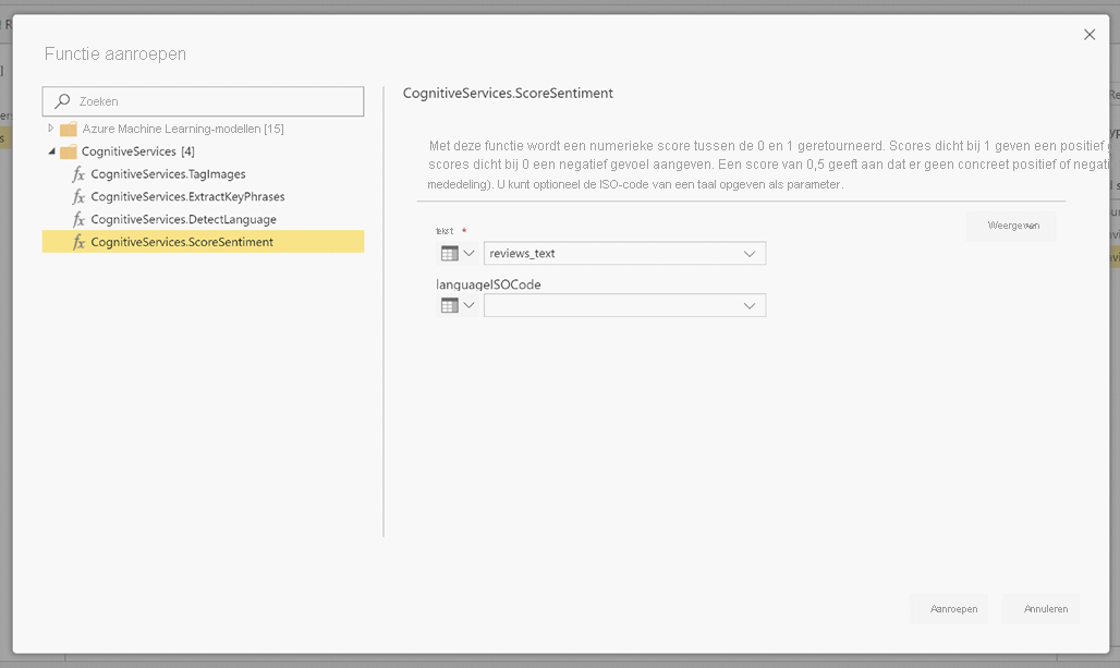 Schermopname van het dialoogvenster Functie Aanroepen met CognitiveServices.ScoreSentiment geselecteerd.