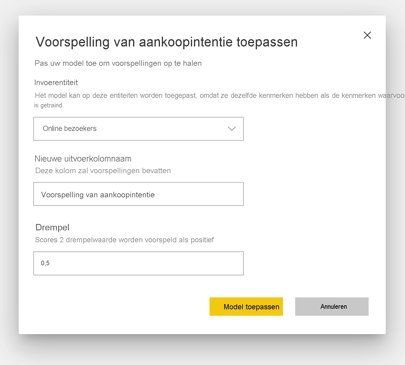 Schermopname van het dialoogvenster Voorspelling van aankoopintentie toepassen.
