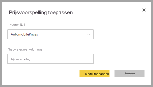 Schermopname van het dialoogvenster Prijsvoorspelling toepassen.