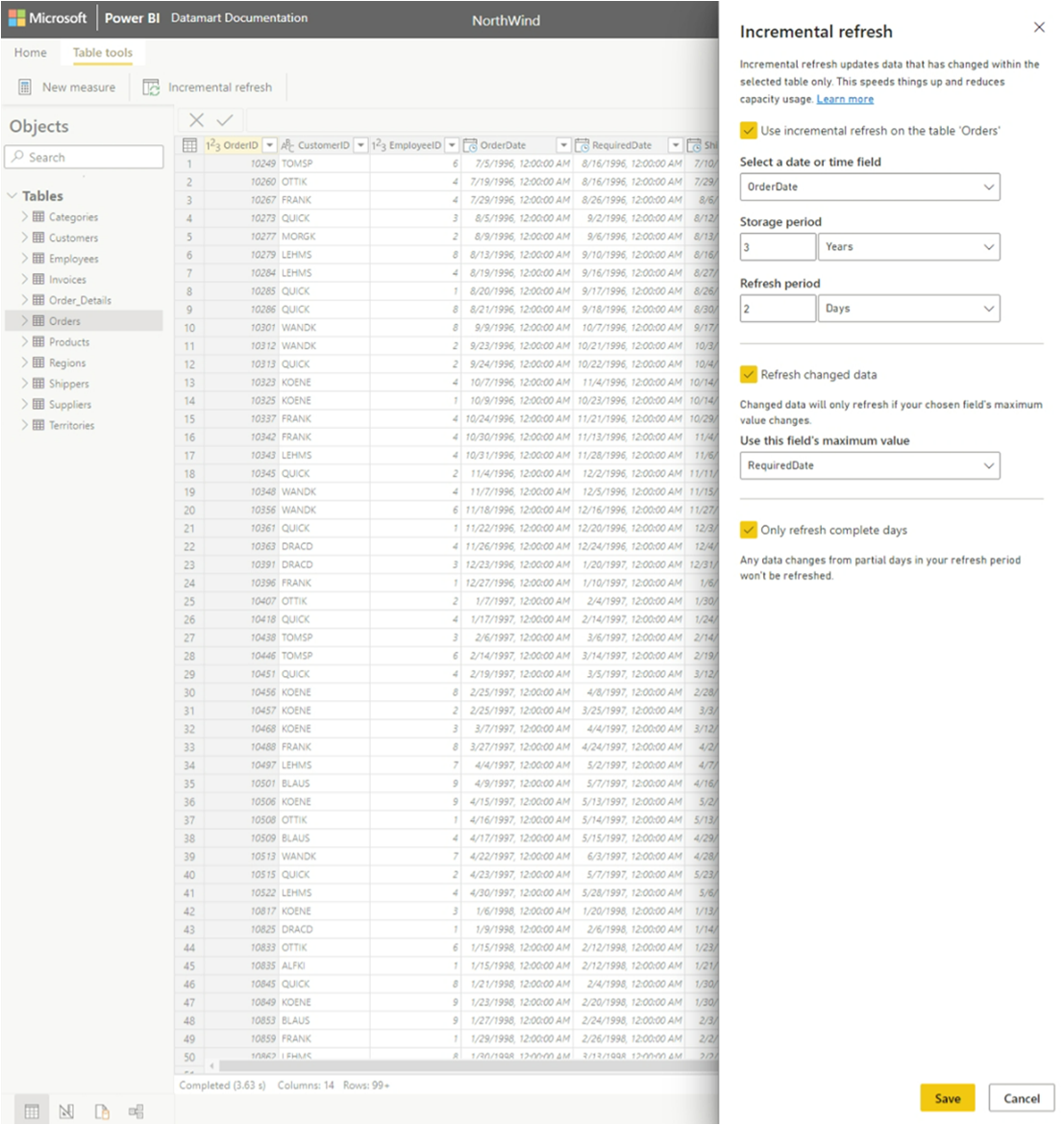 schermopname van het configureren van incrementeel vernieuwen voor een tabel in een datamart.