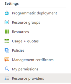 Schermopname van de menuopties voor instellingen, resourceproviders is geselecteerd.