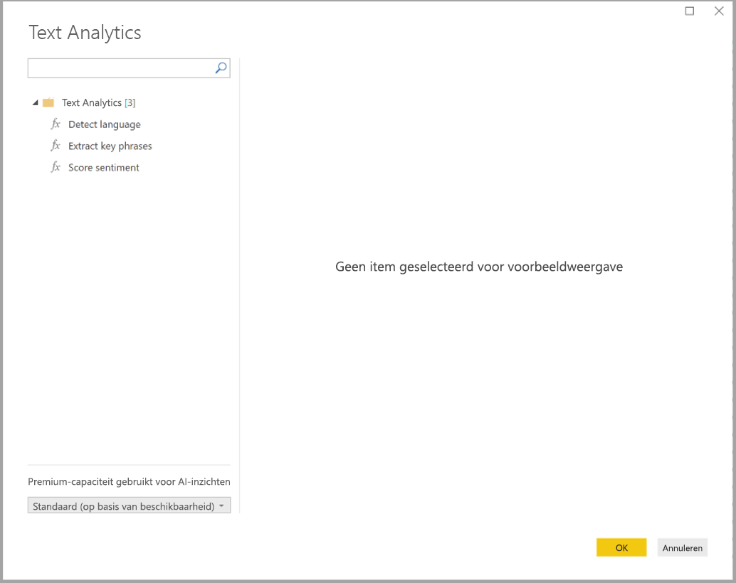 Screenshot of the Text analytics dialog box showing the Detect language function.