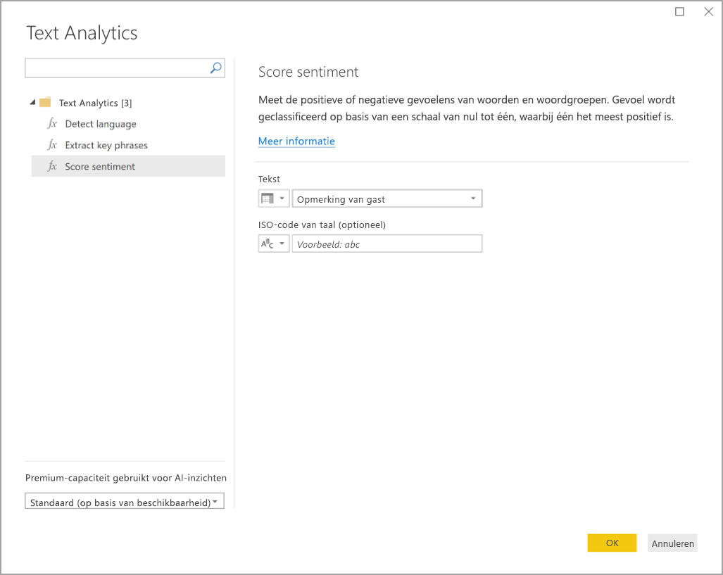 Screenshot of the Text analytics dialog box showing the Score sentiment function.