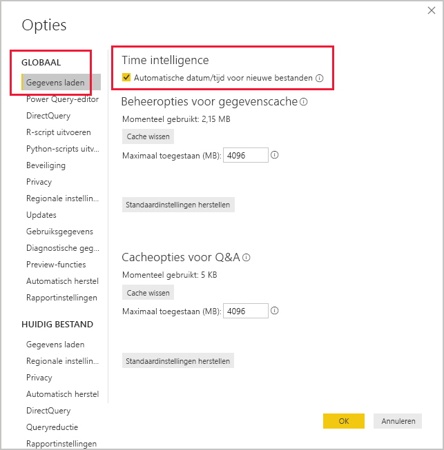Schermopname van het vak Opties voor Power BI Desktop.
