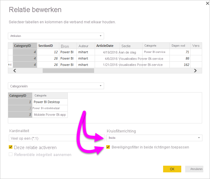 Screenshot of the Edit relationship dialog box with Cross filter direction set to both and the checkbox to Apply security filter in both directions selected.