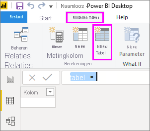 Schermopname van het Power BI Desktop-menulint met Hulpmiddelen voor tabellen, Nieuwe tabel en Tabelweergave gemarkeerd.