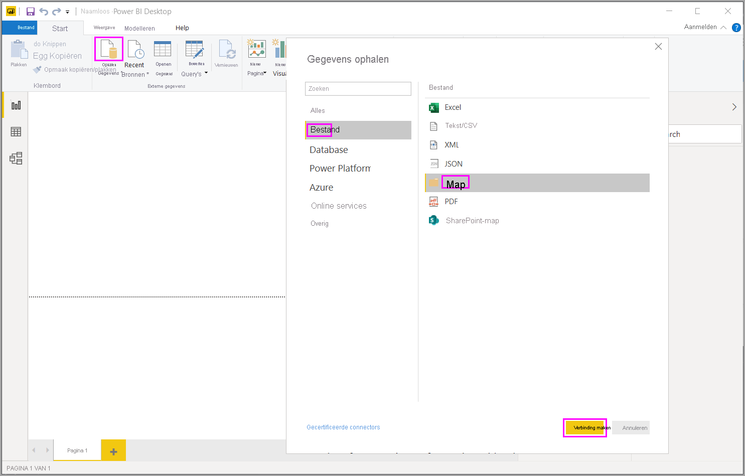 Screenshot of the Get Data dialog box highlighting the choice to connect to a folder.