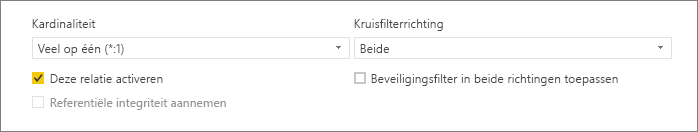 Schermopname van het onderste gedeelte van het dialoogvenster Relatie maken met opties voor kardinaliteit en kruisfilterrichting.