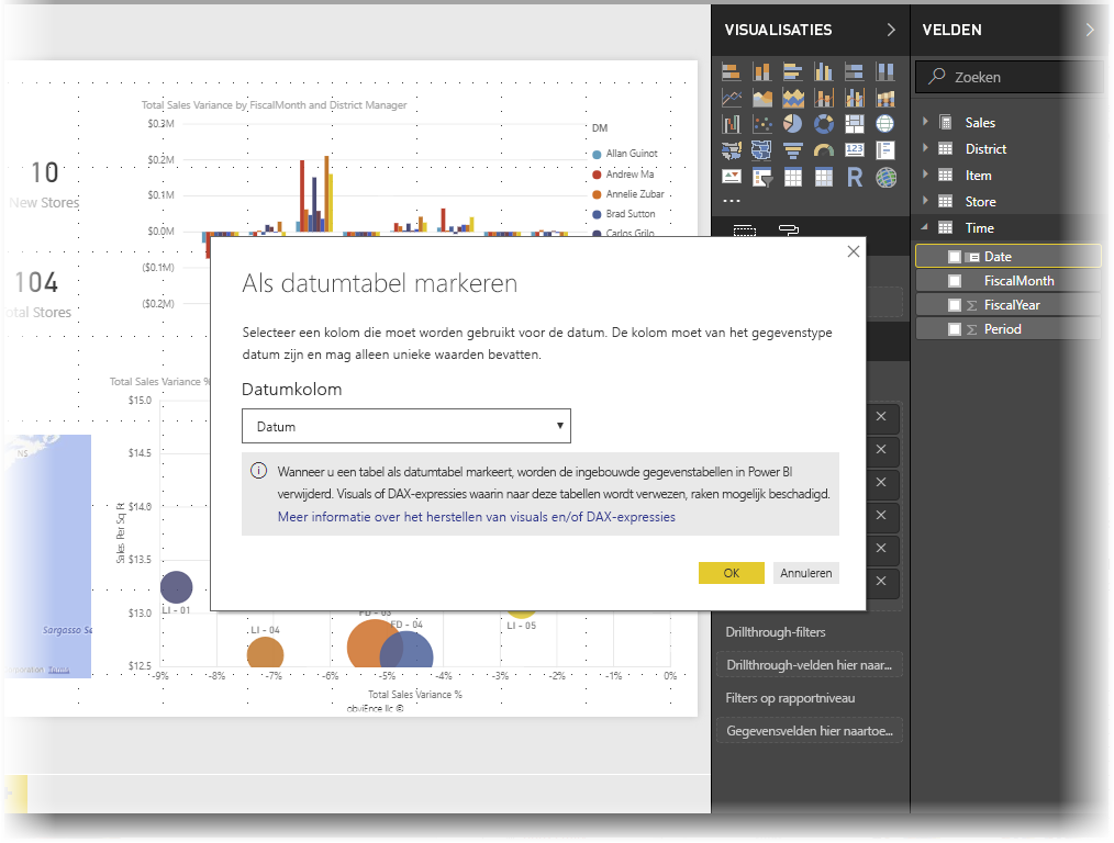 Schermopname van Power BI Desktop met het dialoogvenster Markeren als datumtabel.