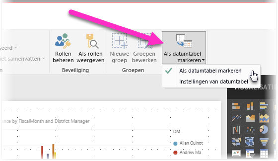 Schermopname van Power BI Desktop met de knop Markeren als datumtabel en het filter opties.