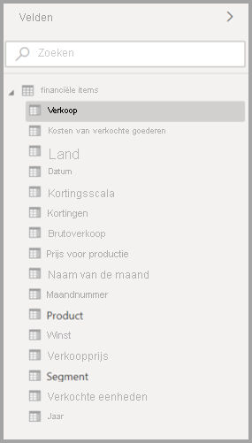 schermopname van de lijst met oorspronkelijke modelweergavevelden in Power BI Desktop.