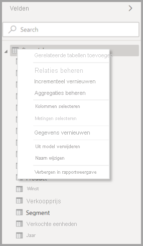 Schermopname van het oorspronkelijke contextmenu voor een tabel in Power BI Desktop.