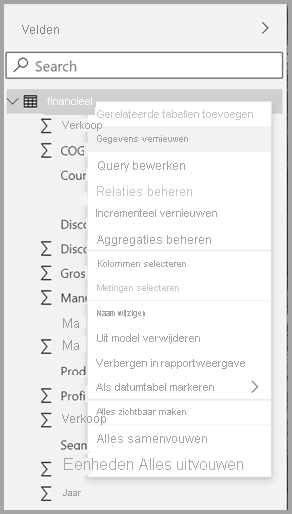 Schermopname van het nieuwe contextmenu voor een tabel in Power BI Desktop.