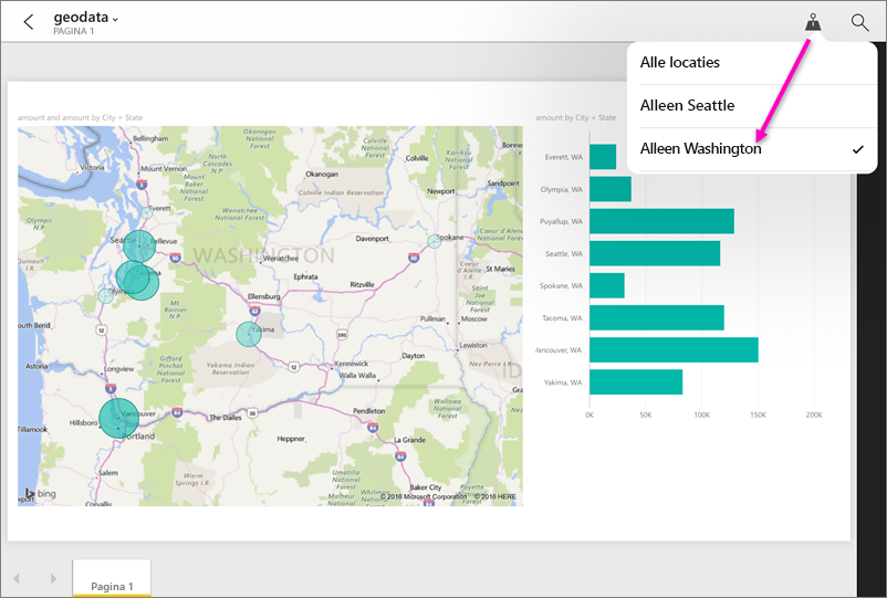 Schermopname van een rapport in de Power BI-app waarin het geografische filter wordt gemarkeerd.