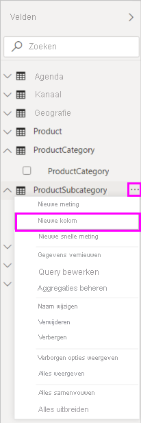 Schermopname van Nieuwe kolom in de vervolgkeuzelijst.