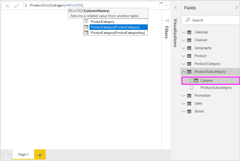 Schermopname van ProductCategory geselecteerd in de formulebalk voor de functie Gerelateerd.