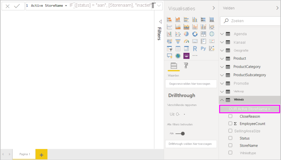 Schermopname van de voltooide formule en de kolom Active StoreName die is toegevoegd aan het deelvenster Velden.