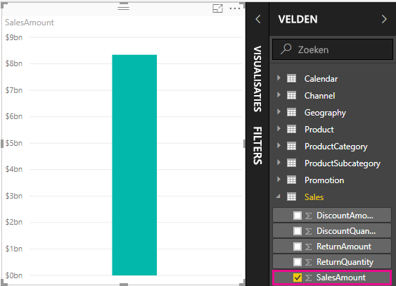 Schermopname van het kolomdiagram SalesAmount.