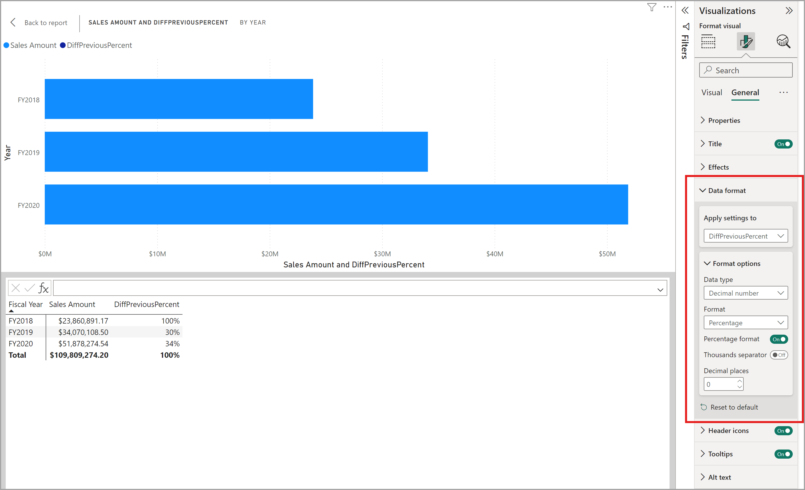 Schermopname van de bewerkingsmodus voor visuele berekeningen met een visuele berekening die een percentage retourneert dat is opgemaakt als een percentage.