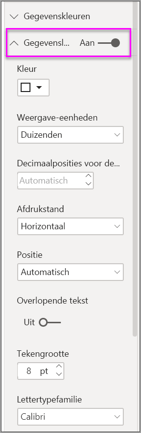 Schermopname van opmaakopties voor gegevenslabels in Power BI.